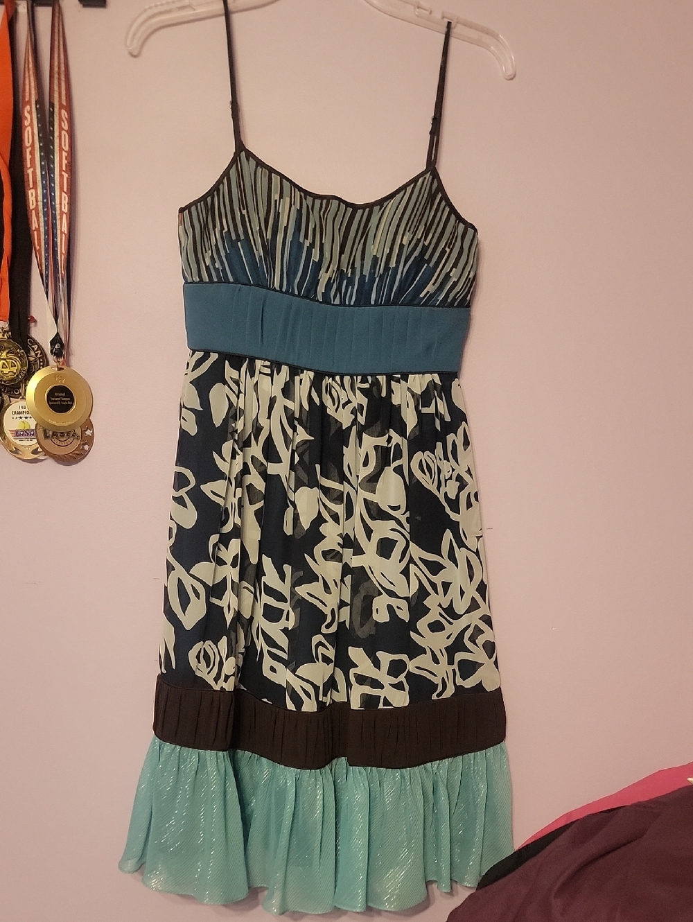 Teal and Black Patterned Spaghetti-Strap Dress
